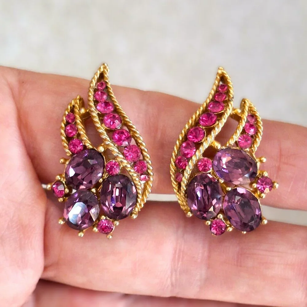 Vintage Crown Trifari Alfred Philipe Fushsia and Purple Rhinestone Earrings